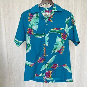 Vintage Hilo Hatties Mens Hawaiian Shirt Medium Blue Button Up Short Sleeve Poly